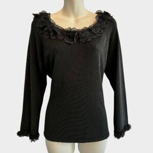 Talbots Silk Blend Luxury Flower Petals Rhinestones Black Blouse Sweater Top L